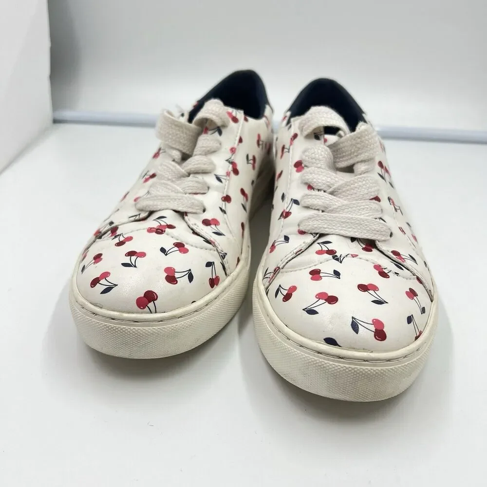 White Cherry-Print Low-Top Sneakers with Navy Heel Accent